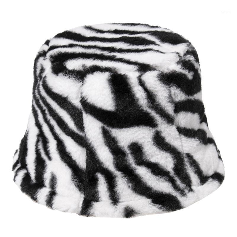 

Women Vintage Zebra Striped Fuzzy Plush Dome Bucket Hat Winter Thicken Warm Sunscreen Flat Top Panama Fisherman Cap1, White