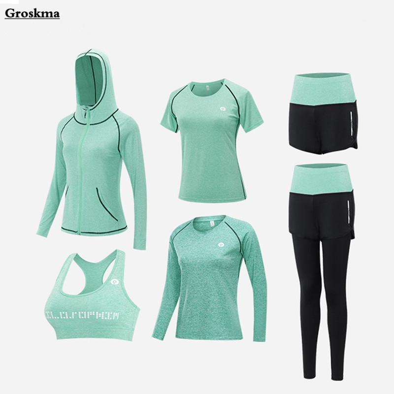 

2020 Newest women yoga 5/6 piece set quick dry t shirt+bra+coats+shorts+pants running sportswear suits fitness gym clothing1, 5 piece set a
