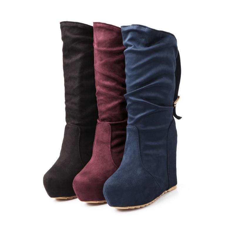 

Womens Round toe faux suede slouch buckle High wedge Heels Platform pull on mid calf Boots, Black