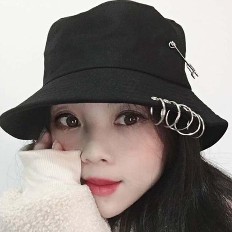 

1PC Fashion Unisex Women Men Bucket Hat Pin Rings Sunhat Caps Summer Solid Color Fishing Sun Hat 2 Colors, Black