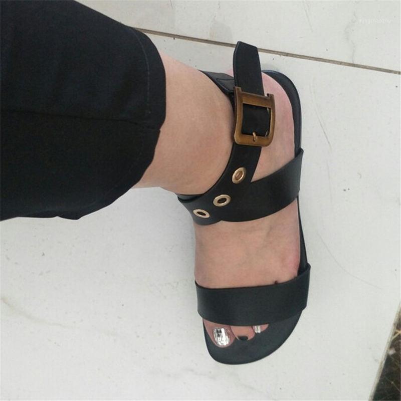 

Black Leather Beach Sandals Women Flats Summer Gold Square Metal Buckle Belts Casual Flat Shoes Woman Sandalias1