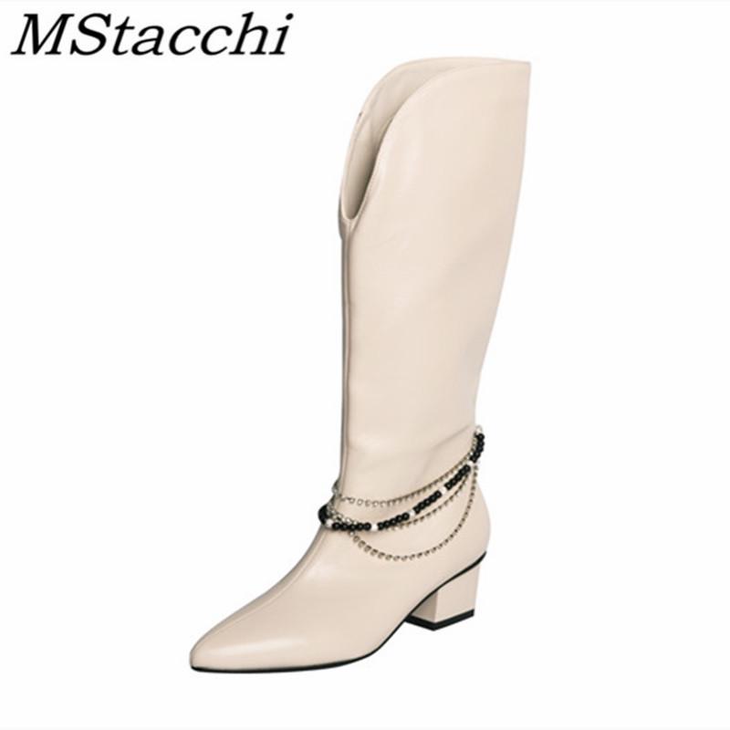 

Mstacchi Black White Pearl Chain Vintage Sexy Pointed Women Boots Platform Solid Color Fashion Concise Madam Shoes Frauen Schuhe