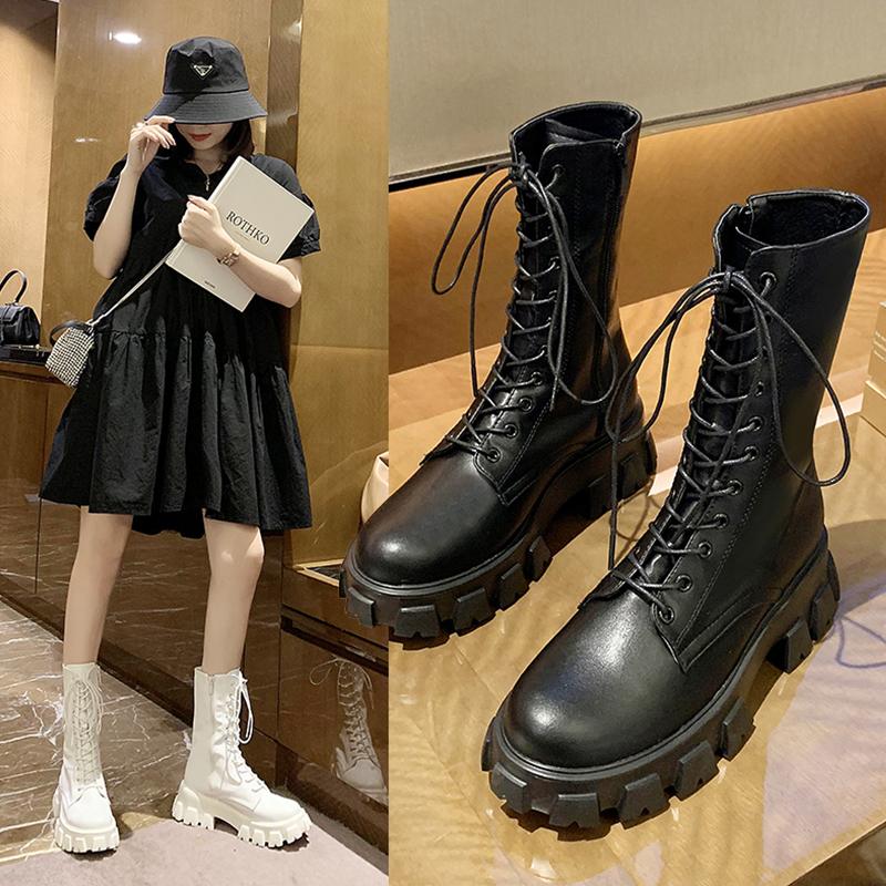 

Woman Lace Up Motorcycle Boots 2021 Women's Leather Ankle Boots Ladies Platform Mid Heel Women Zip Footwear Female Fashion Shoes, Black