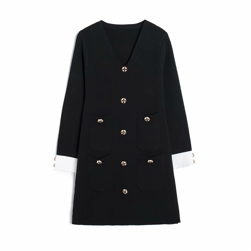 

New Elegant Women V-neck Button 2021 Fashion Ladies Black Knitted Waist-controlled Sweet Female Chic Slim Mini Es 64rg