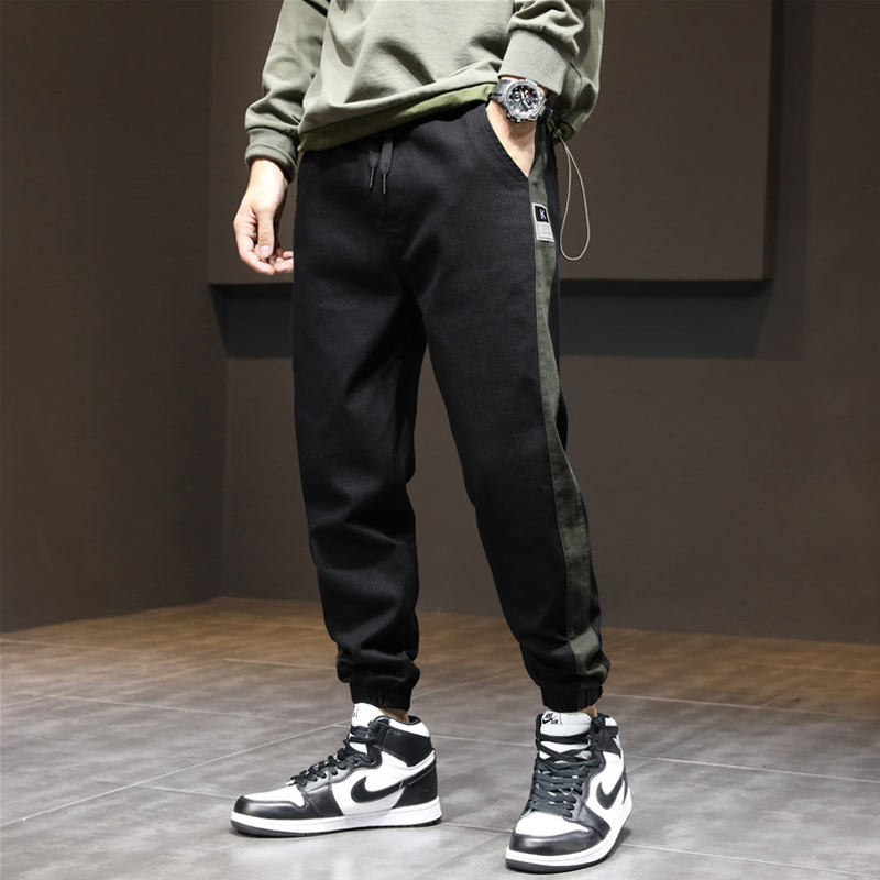 

2021 New Fashion Streetwear Men Jeans Loose Fit Stripe Spliced Designer Casual Cargo Pants Hombre Wide Leg Harem Trousers Hip Hop Joggers Fw, Black