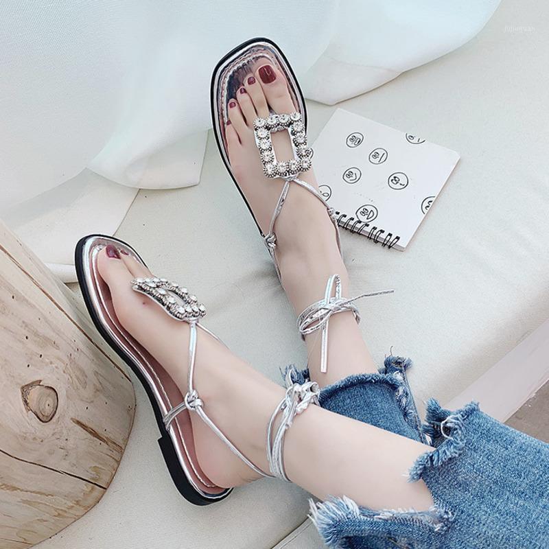 

2020 Summer Women Ankle Strap Sandals Crystal Designers Silver Flats Beach Party Casual Shoes Woman Sexy Gladiator Sandal1, Black