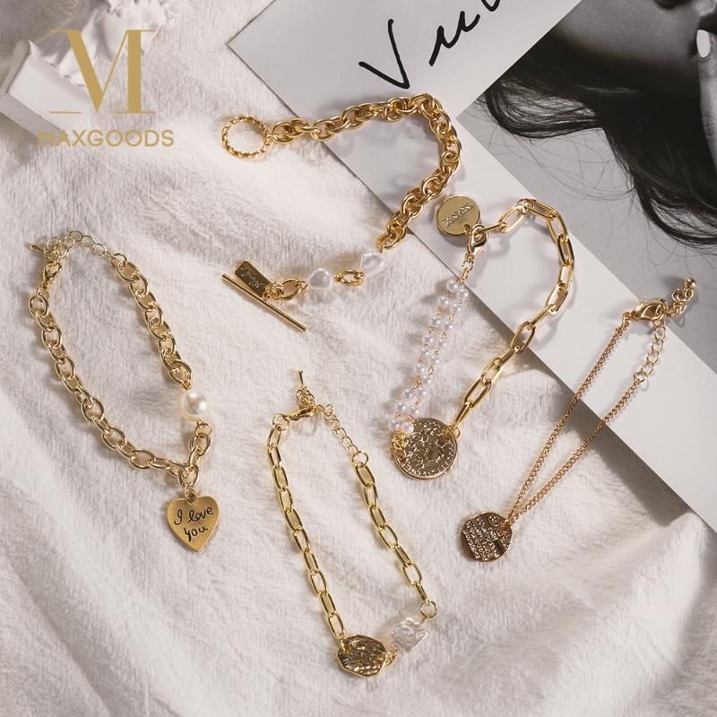 

Charm Bracelets Fashion Baroque Irregular Bracelet Chic Imitation Pearls Gold Metal Link Chain For Women Girl Summer Party Jewelry