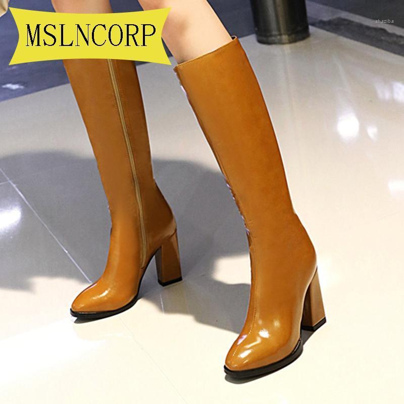 

Big Size 34-48 Designer Faux Leather Women Knee High Boots Round Toe Boots Women Long Chunky Block High Heel Black Apricot1, Yellow
