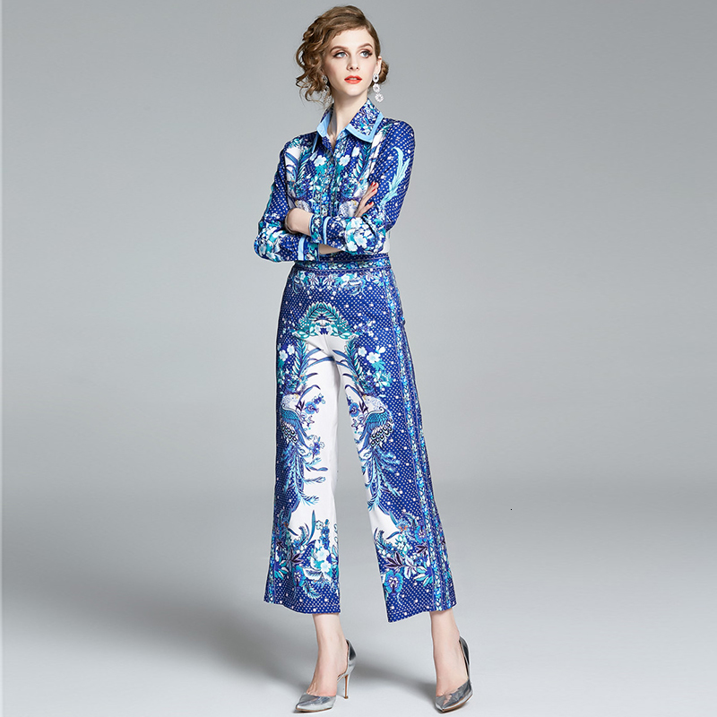 

2021 New Fashion Designer Two Piece Twinest Women Vintage Blue Geometry Printed Blouse Shirt + Wide Leg Bell-bottom Long Pant Set Fwoi