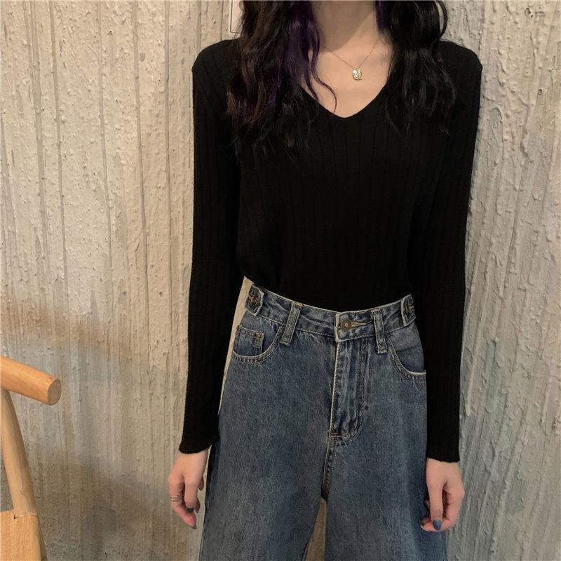 

Women's autumn winter 2020 new Korean style fashion versatile long sleeve V-Neck Sweater slim white bottom top, Green