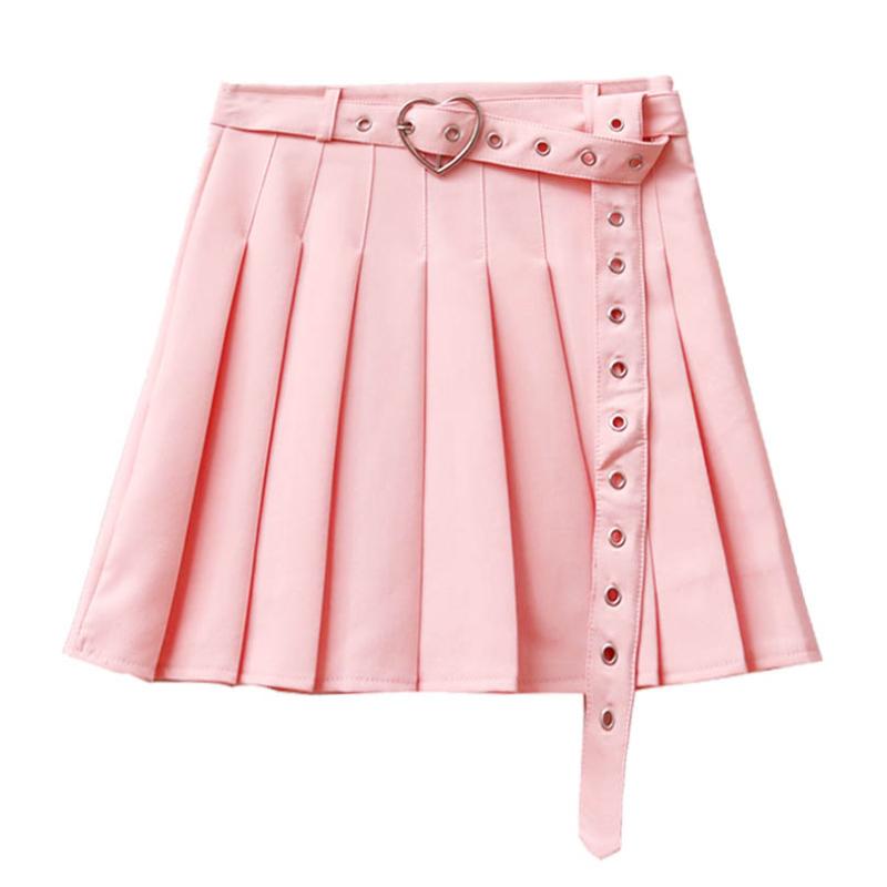 

Harajuku Punk Style Heart Shape Belt Pleated Skirt Women Girls White Pink Black High Waist Mini Skirts Sexy Fashion Sashes Skirt