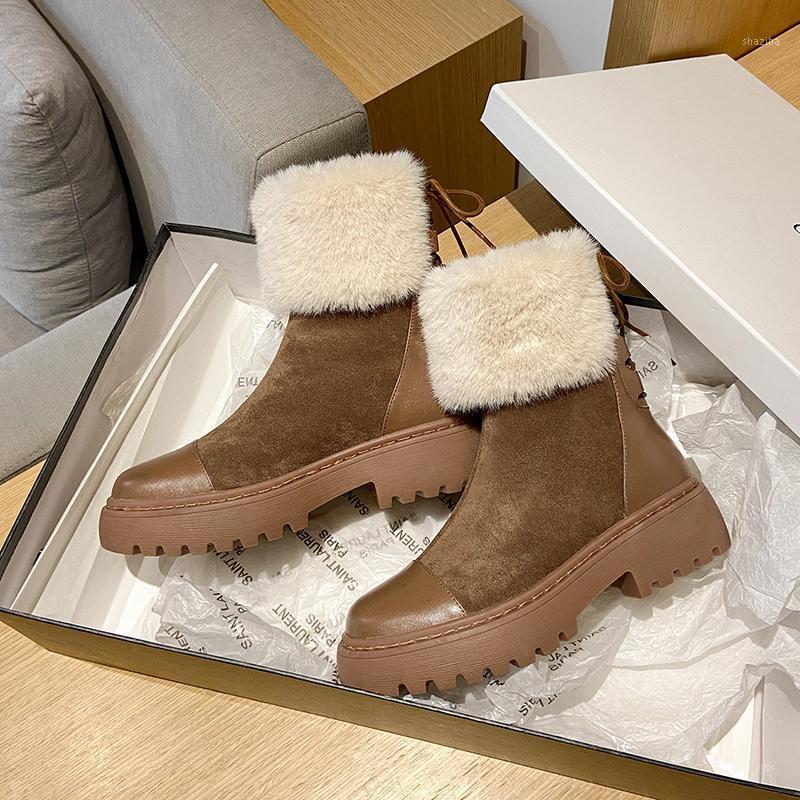 

Woman Snow Boots Round Toe Cow Suede Fur Thick Heels Patchwork Platform Winter Shoes Lace Up Girls Ankle Boots1, Black
