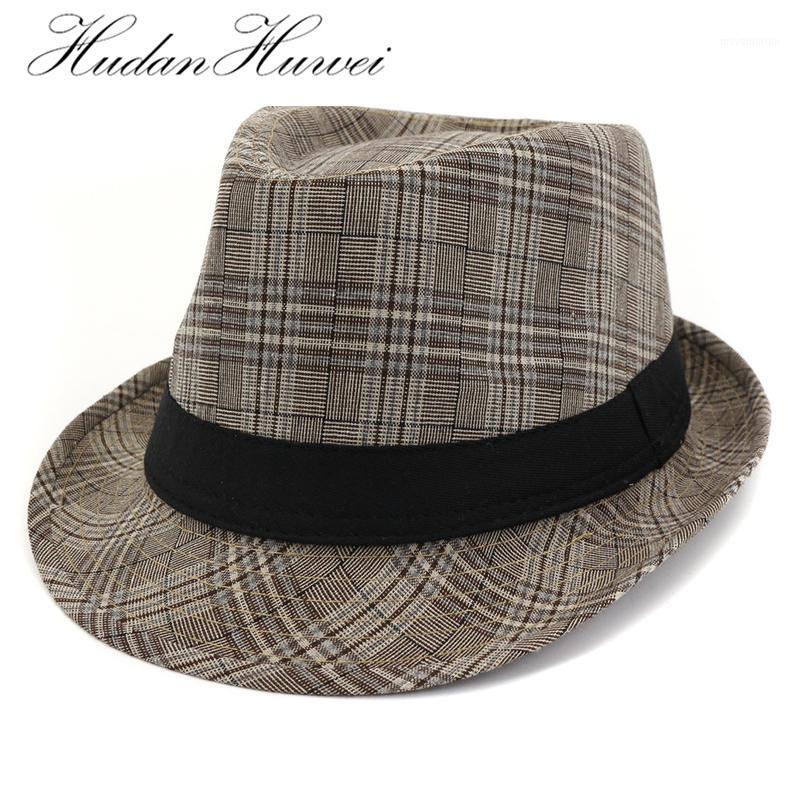 

Spring Summer Cotton Linen Adult Stingy Brim Jazz Cap Plaid British Style Men Women Fedora Hat Homburg Fashion Street Hat1, Navy
