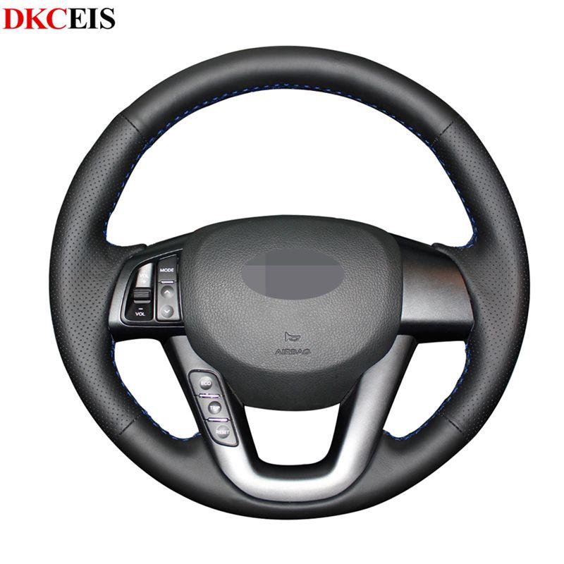 

DIY Hand-stitched Black Soft PU Leather Black Artificial Leather Car Steering Wheel Covers Wrap for Kia K5 Optima 2013 2012 2011