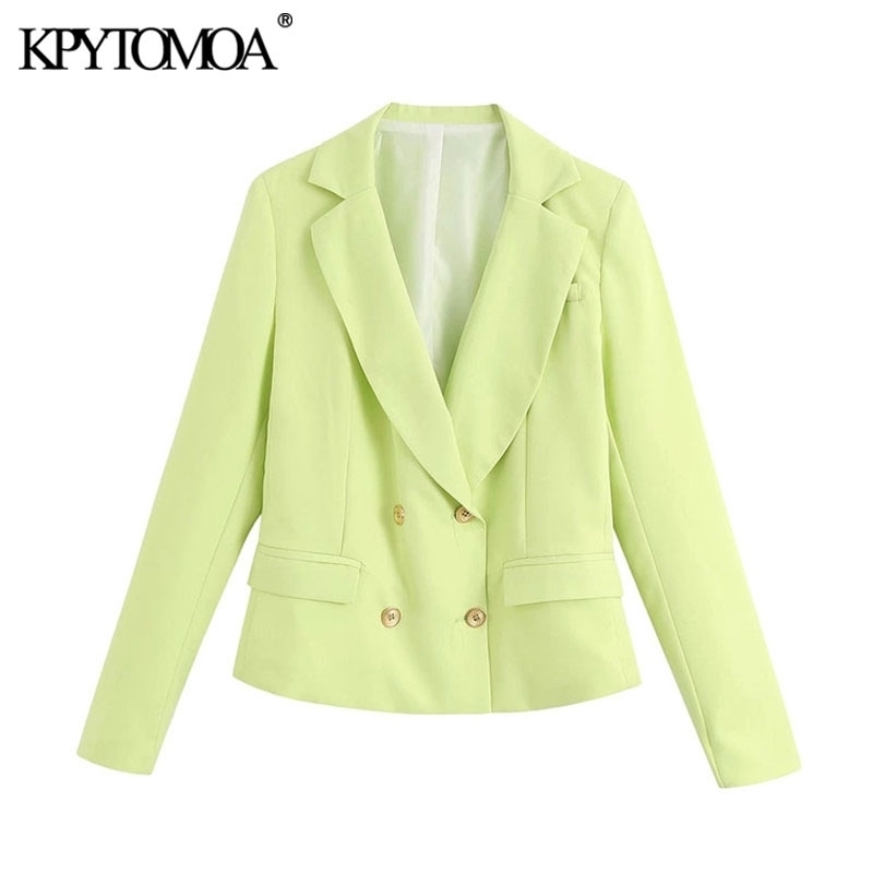 

KPYTOMOA Women Fashion Double Breasted Cropped Blazers Coat Vintage Notched Collar Long Sleeve Female Outerwear Chic Tops 201201, As picture