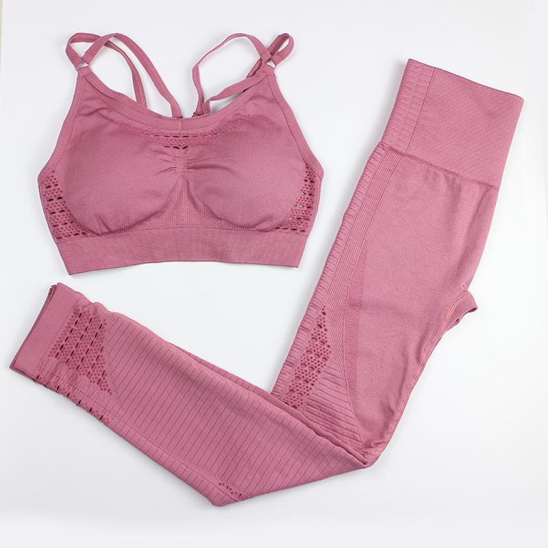 

Hollow Out Seamless Women Yoga Set Padded Bra + High Waist Leggings Female 2 Pcs Running Gym Sportwear Yoga Set Workout Clothes, Green