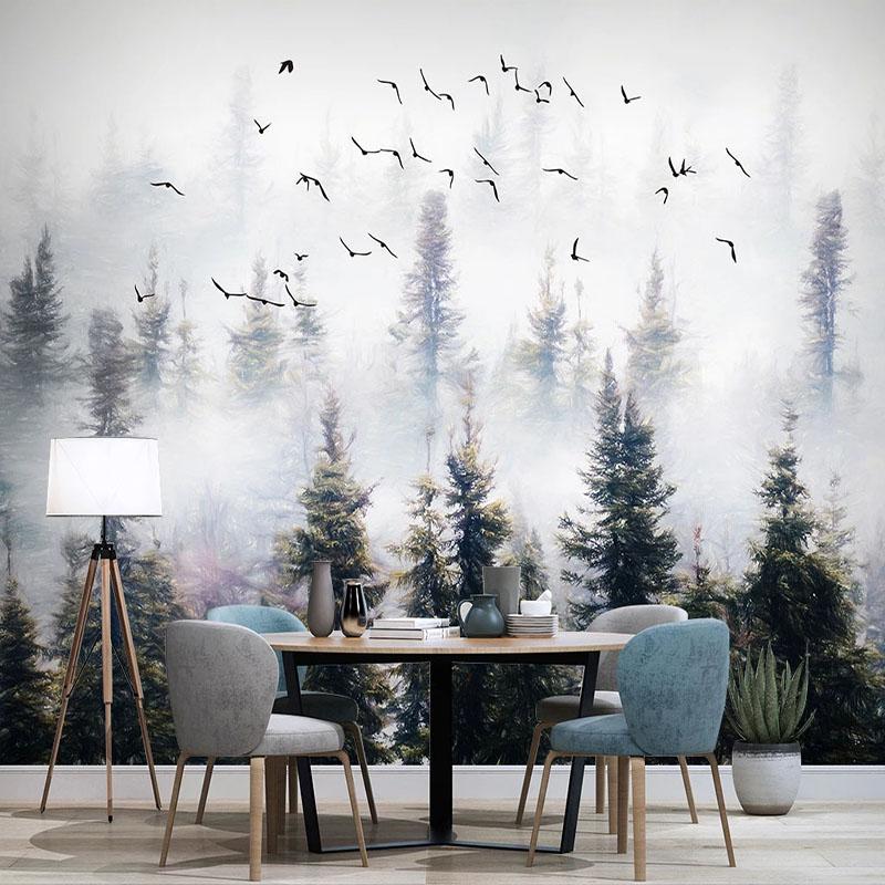 

3D Wallpaper Modern Hand Painted Pine Forest Cloud Flying Bird Photo Wall Murals Living Room Study Restaurant Background Fresco, As pic