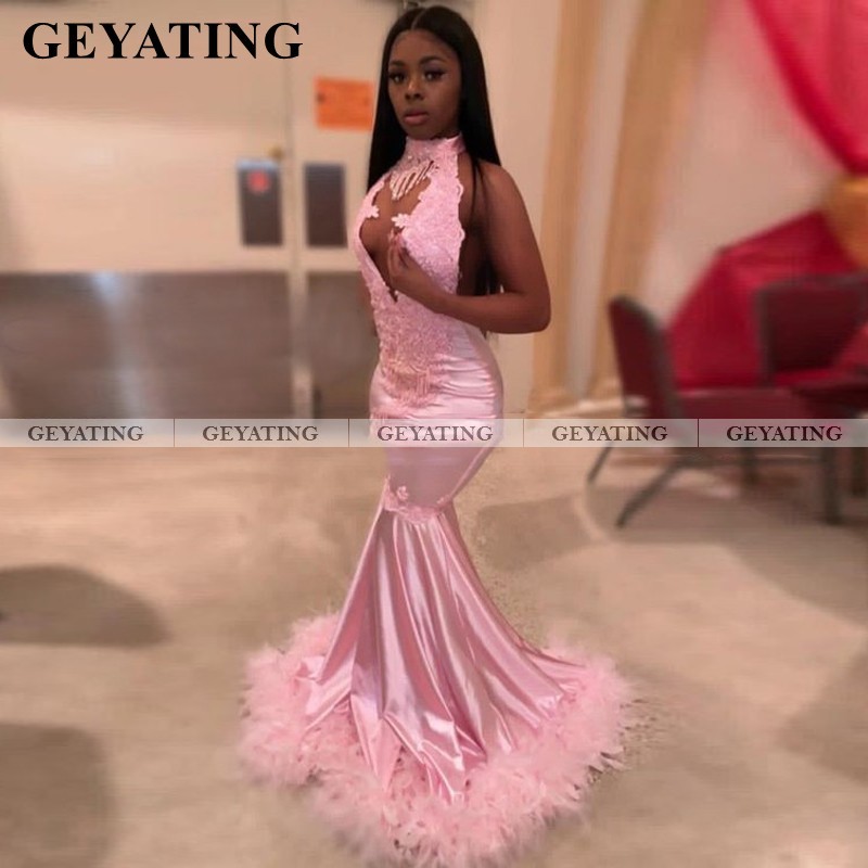 

2020 Pink Mermaid Prom Dresses for Black Girls Plus Size Feathers African Evening Gowns Elegant Women Long Formal Party Dress, Blue