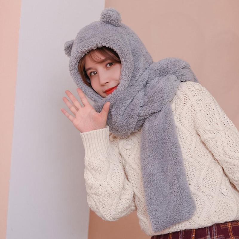

Cute Bear Women Winter Warm Knit Windproof Long Neck Scarf Cap Protect Ears Plush Cashmere Soft Hooded Bear Hat Scarf Girl Gift, White