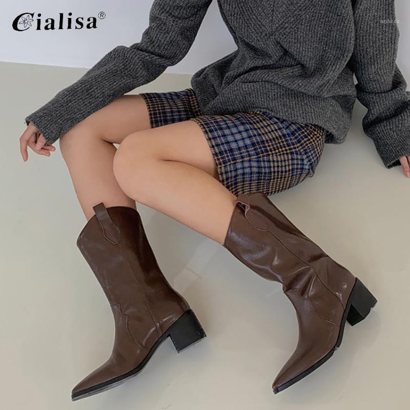 

CIALISA Boot Pointed Toe High Heel Genuine Leather Slip On Fashion Women Shoes 2020 Fashion Design Handmade Mid Calf Boot1, Brown