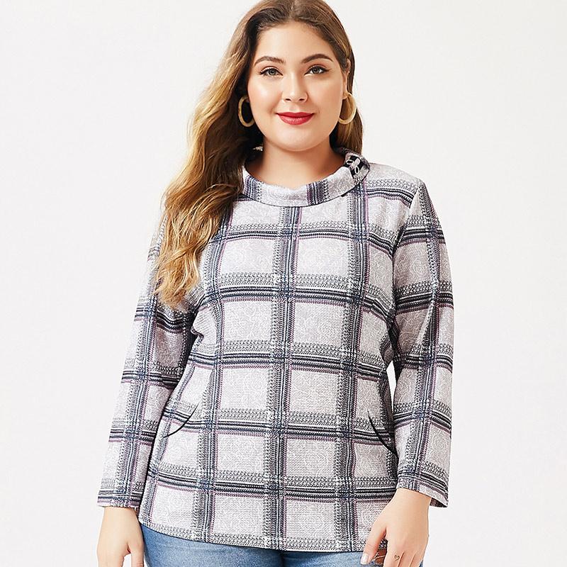 

2020 Autumn Women Long sleeve Check Stand-up collar T shirt fashion ladies Vintage elegant mom clothes Plus Size Womens Tops, Gray