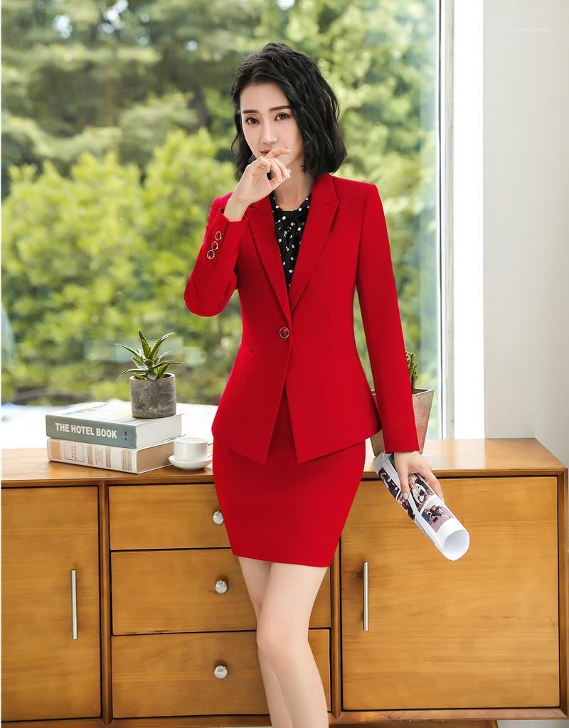 

Fashion Ladies Office 2019 Spring Autumn Formal Business Suits With Skirt and Tops Styles Female Professional Blazers Set1, Red
