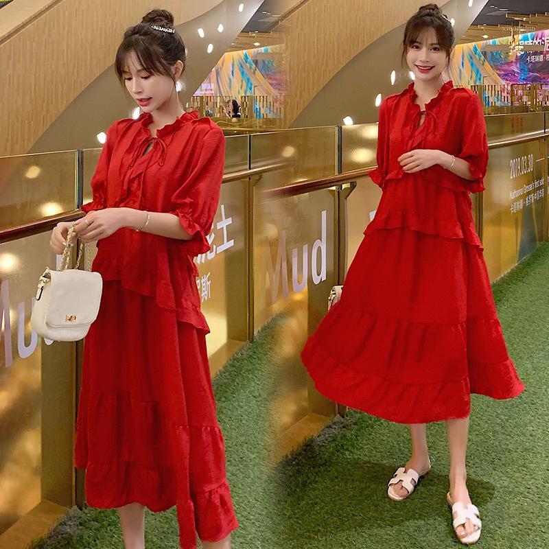 

Red Maternity Dress 2020 Summer O Neck Short Sleeve New Korean Fashion Bowknot Lace Loose Maternity Pleated Dress1