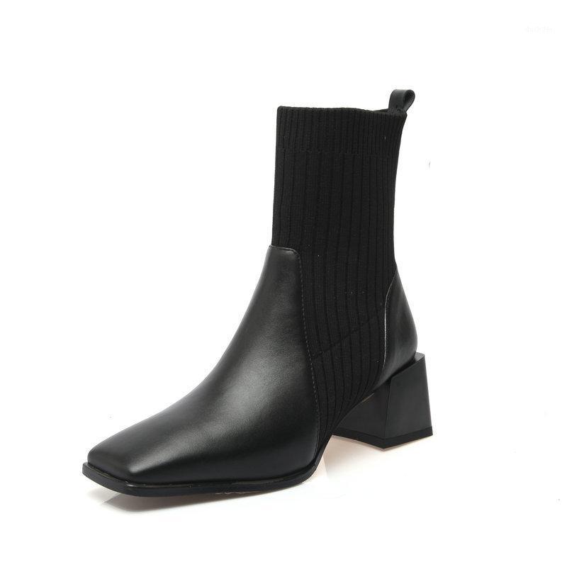 

Vintage Square Toe Shoes Woman Genuine Leather Thick high Heels Ankle Boots knitting Band 2021 Winter Party Working Boots1, Black