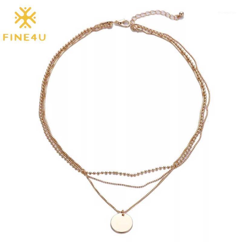 

FINE4U N591 Dainty Layered Choker Necklaces Handmade Coin Pendant Multilayer Necklace Boho Jewelry Mother's Gift1