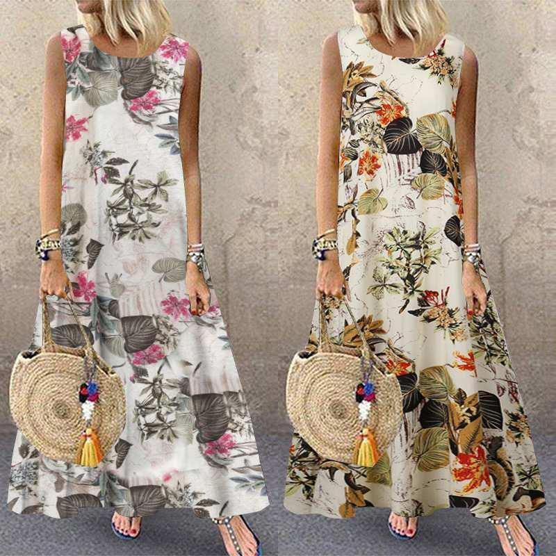 

ZITY Zanzea Women Bohemian Sleeveless Floral Printed Sundress Summer Dress Robe Vintage Kaftan Beach Vestido Femme Sarafans Plus, Style2 red