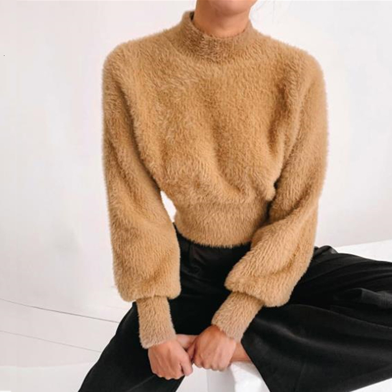 

2021 New Women Autumn Pullover Solid Female Casual Loose Long Lantern Sleeve Sweaters Winter Thick Slim Turtleneck Tops Qtxj, Khaki