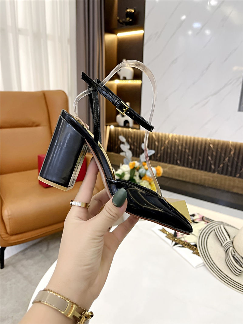 

Patent leather back strap sandals womens sweet cool style Design sandal lady high heel shoes with Square Rivet Pink Black White summer shoe