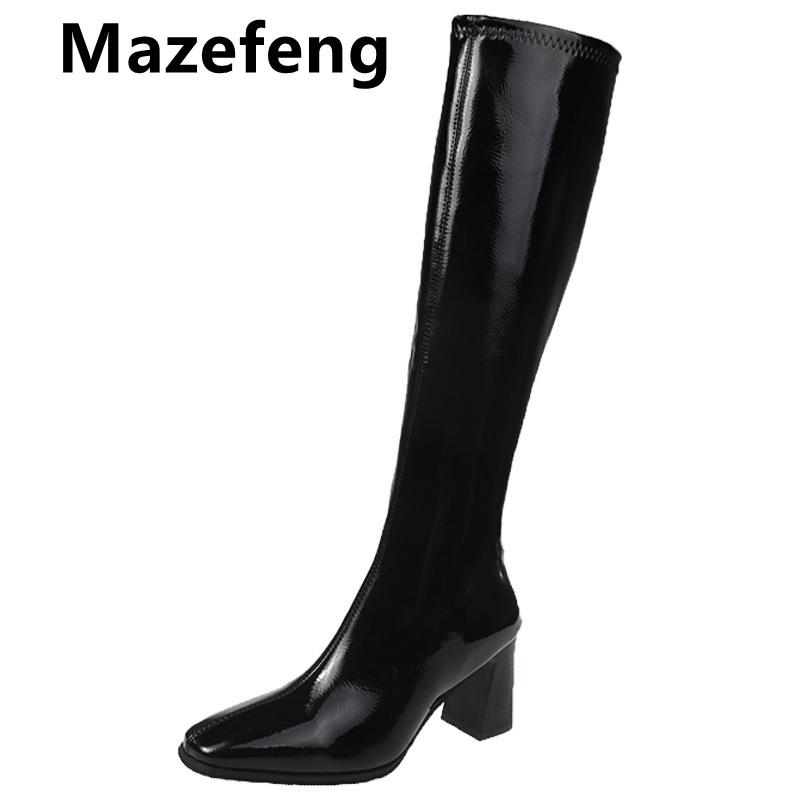 

Mazefeng Women's Over Knee Boots Patent Leatherette Pointed Toe Thick High Heels Female Fur Autumn Winter Boots Plus Size 35-40, Beige