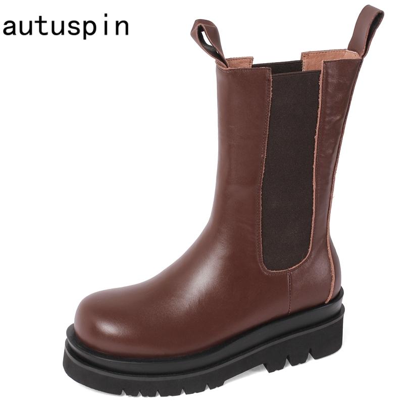 

Autuspin 2020 Women Genuine Leather Platform Chunky Heels Winter Fashion Slip-on Lazy Shoes Female Party Prom Warm Slim Boots, Black
