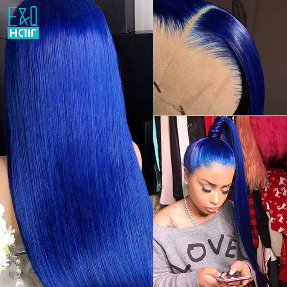 

Brazilian Remy Blue Color Transparent Lace Wig Straight Part Lace Front Human Hair Wigs For Women With Pre Plucked Hairline 180%, As pic