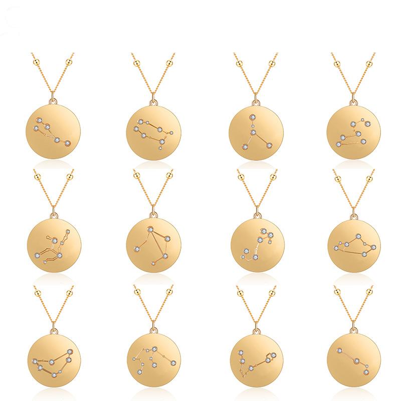 

Luxury 12 Constellation Necklaces Boho Crystal Gold Round Pendant Necklace Women Virgo Taurus Leo Gemini Zircon Collier Bijoux