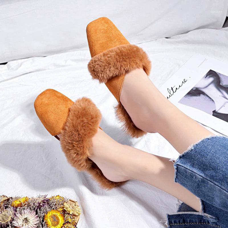 

lazy shoes woman closed toe slippers fur band flip flops women flat heel outdoor slides winter furry mules pantoufles femme s3151, Beige