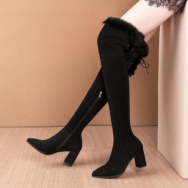 

Female Fashion Pointed Toe Long Botas Dropshipping High Heels Faux Suede Thigh High Boots New Women's Winter Over The Knee Boots, Black
