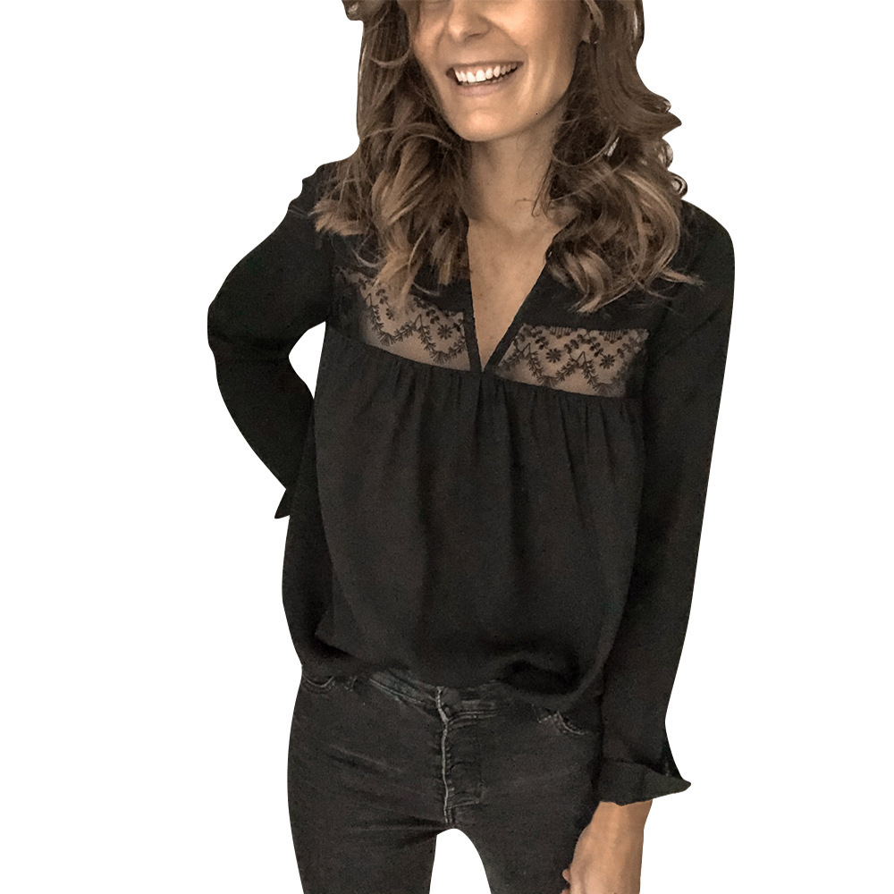 

2021 New Fashion Women Tops and Blouses Casual Long Sleeve V-neck Loose Chiffon See Through Back Lace Shirt Ol Clothes Nybc, Wd125bk