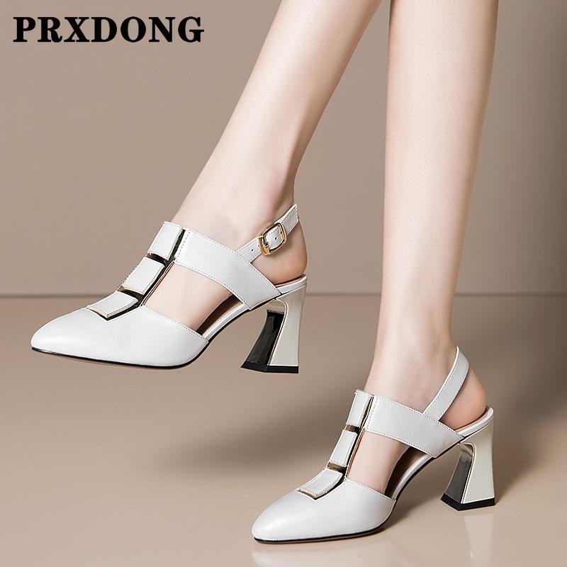 

Genuine Leather Women Sandals New 2021 Fashion Genuine Leather High Heels Pointed Toe Black White Dress Party Office Lady Shoes