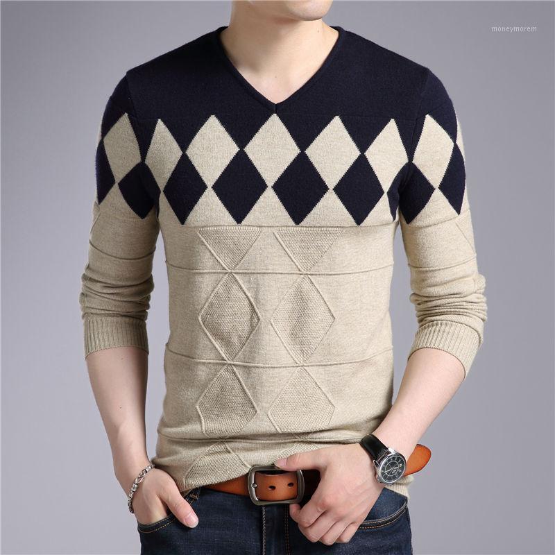

Men's cashmere wool pullover 2018 autumn and winter diamond pattern V-neck long-sleeved sweater Slim Christmas1, Black