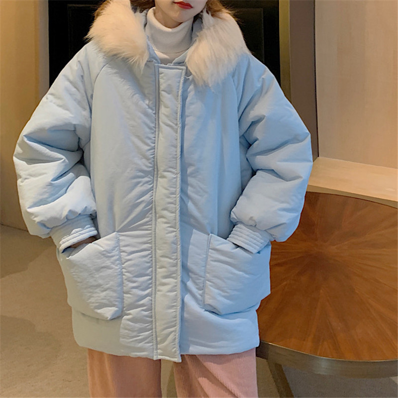 

2021 Padded Female Jacket Autumn Leather with Loose Hood Parka New Thick Long Sleeves Sweet Cotton Coat HLF9, Sky blue