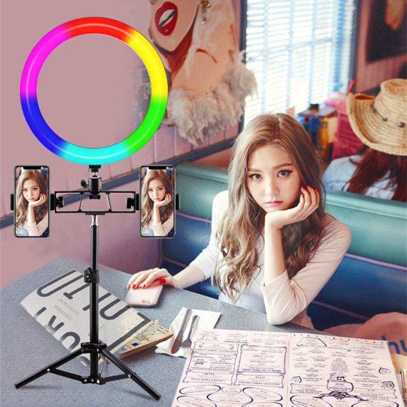 

Dimmable 33cm RGB Ring Light Aro De Luz With Tripod Stand Phone Clip LED Selfie Lamp Photographic Lighting For Makeup Ringlights