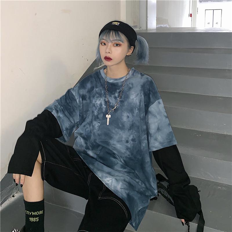 

Lychee Harajuku Patchwork Long Sleeve Women Sweatshirt Tie Dyeing Fake 2 Piece Women Sweatshirt Crew Neck Loose Lady Pullovers, As pic