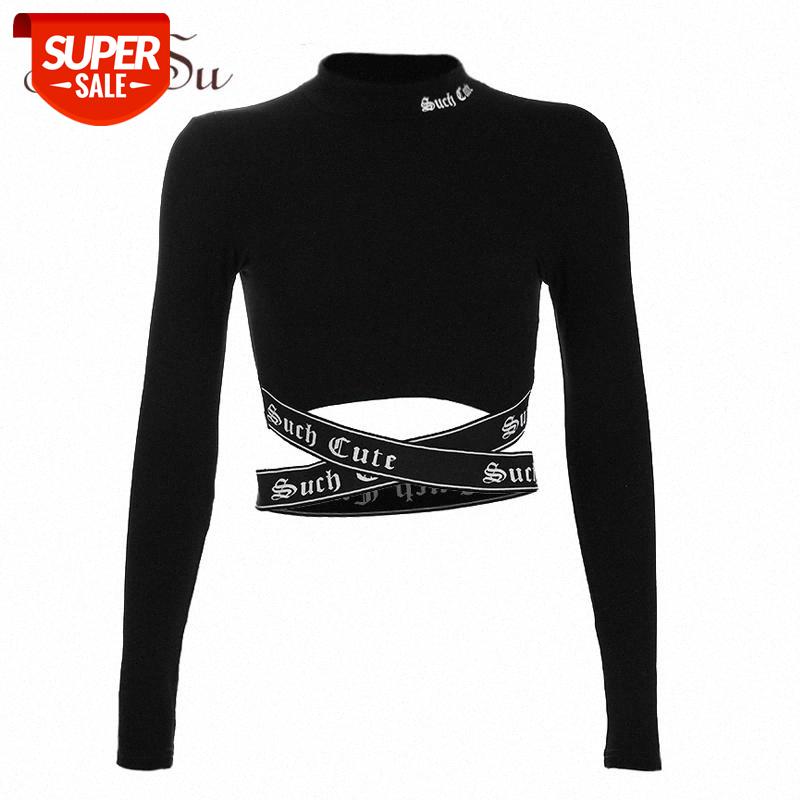 

ArtSu Streetwear Gothic Letter Sexy Crop Top Long Sleeve Women T-shirt Stand Collar Cross Tee Shirts Femme Black Tops ASTS20500 #oC2m, White