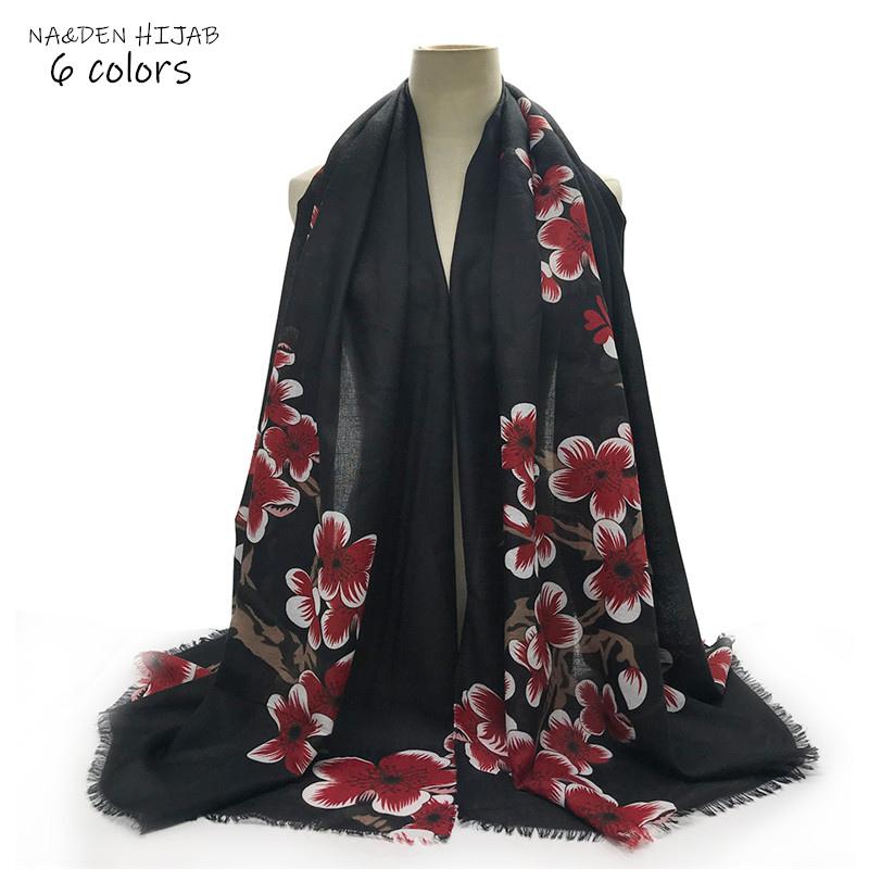 

Scarves Plum Blossom Print Hijab Scarf Satin Cotton Finish Fashion Soft Design And Shawls Flower Foulard