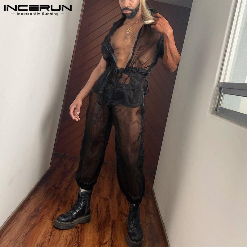 

Men's Pants 2022 Men Jumpsuits Mesh See Through Lapel Long Sleeve Lace Up Overalls Zipper Casual Party Vacation Sexy Rompers INCERUN 7, Black