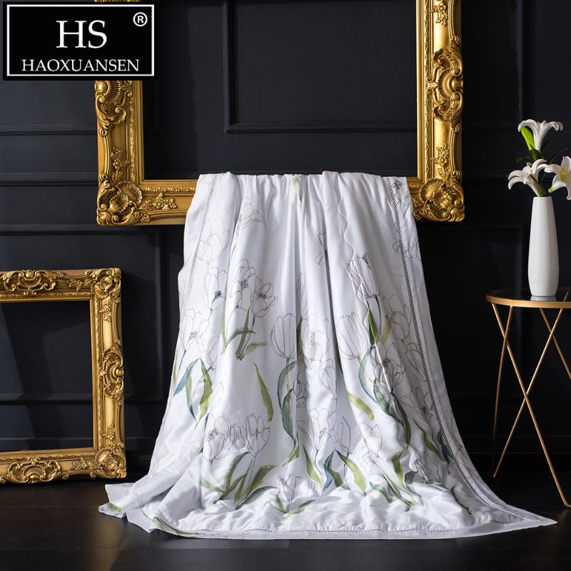 

Narcissus Pattern White Thin Quilt 100% Lyocell Tencel 80S Fabric Comforter For Luxury Adult Soft Bed Cover Queen  Size, Color 1