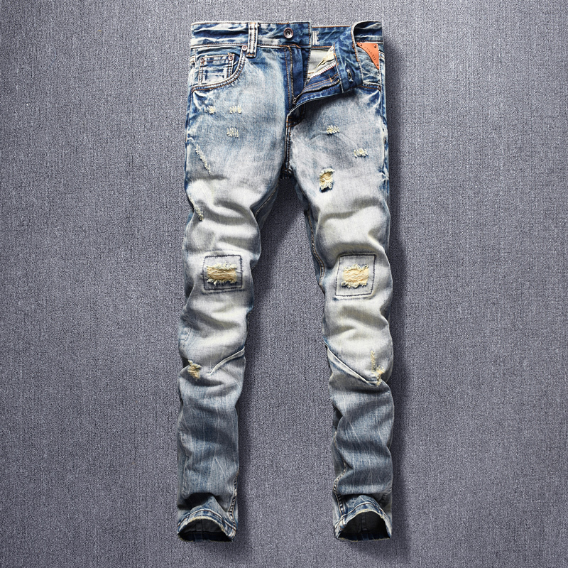 

2021 New Fashion Streetwear Men Jeans Retro Wash Slim Fit Casual Ripped Denim Trousers High Quality Patchwork Designer Hip Hop Pants Arqv, Retro color