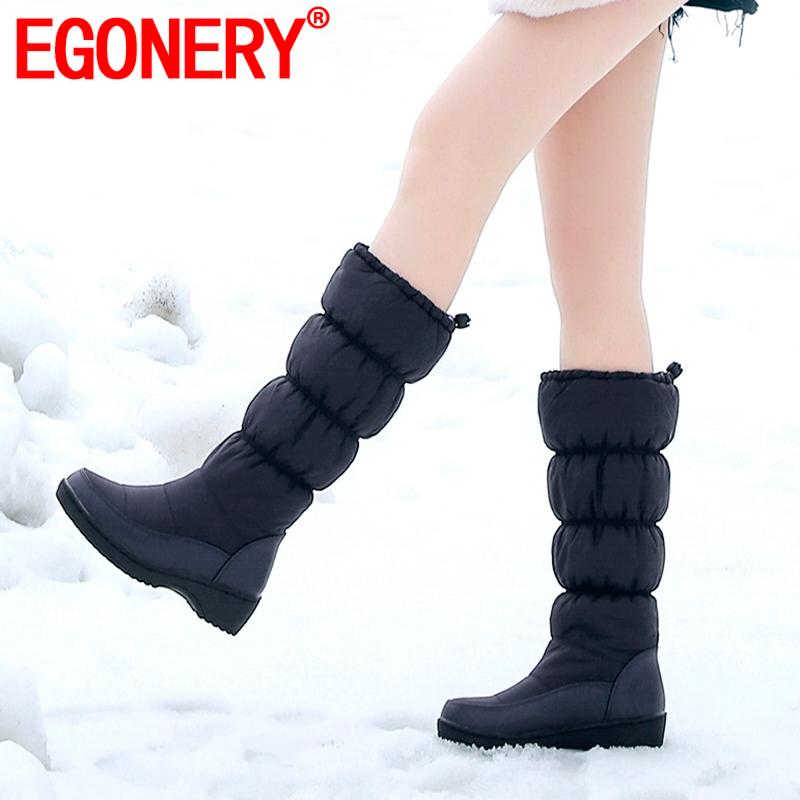 

EGONERY 2020 winter down woman snow boots plush warm Spring blue mid calf boots round toe 4.5 cm heel big size 35-44 women shoes, Beige